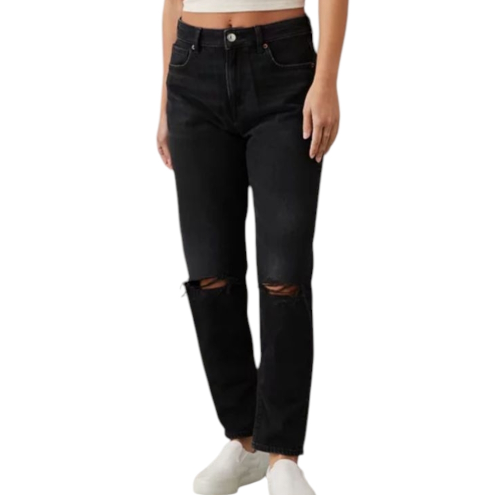 AMERICAN EAGLE Straight Mom Jeans Black Ripped High Rise‎ Tapered Women 2 Grunge